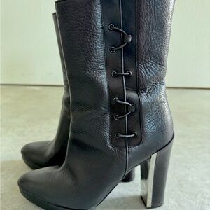 Calvin Klein Black Leather Platform Heeled Boots w/Whip-lace & Silver Accient